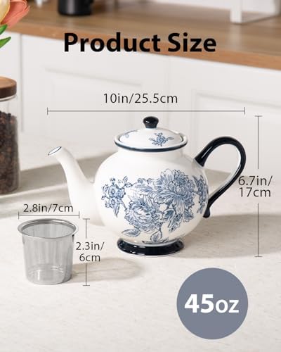 45 Ounce Tea Pot with Infuser, Ceramic Blue and White Teapot - Image 2