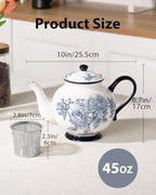 45 Ounce Tea Pot with Infuser, Ceramic Blue and White Teapot - Image 2