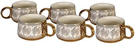 Porcelain 6 Piece Tea Cup Set, Aesthetic Classic Teaware Set for Home, Kitchen Decor & Gifting (Gold Leaf) tea set cup by Unknown