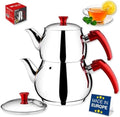 Hakan Teapot Set with Self Strainer Double Lids, Stainless Steel Mini Double Bondy Tea Pot Set, Turkish Samovar Style, Tea Kettle for Loose Leaf Tea with Bakelite Handle | 0.84 + 1.26 Qt. by HAKAN