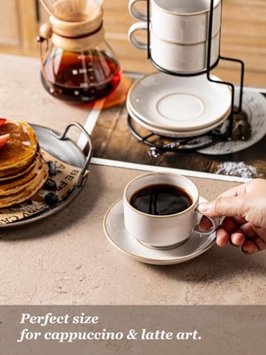 Gomakren 6 Ounce Cappuccino Cups Set of 4 with Saucers & Metal Rack & Pour Over Coffee Maker 3 Hole Cone Brewer, Ceramic Coffee Dripper - Image 6