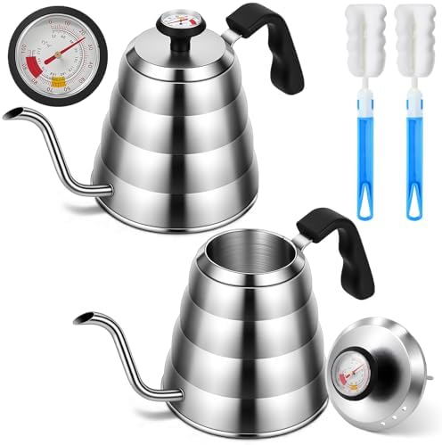 2 Sets Tea Kettle with Thermometer Pot and 2 Pcs Brushes, 40 Fl oz Stainless Steel Gooseneck Pour over Coffee Maker Teapot Pour over Coffee Kettle, 1200ml for Home Kitchen Camping by Acellegic