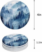 Coaster for Drinks 4 Pack,Forest Tree Mountain Absorbent Round Ceramic Stone with Cork Base,Watercolor Blue Natural Scenery Drink Coaster Cup Mats for Home Dining Coffee Tables - Image 4