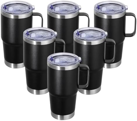 20 oz Stainless Steel Tumbler with Handle Bulk Metal Insulated Tumblers Travel Coffee Mug with Handle Double Wall Tumbler Cup with Lid and Straw, Black 6 Pack by Abbrevi