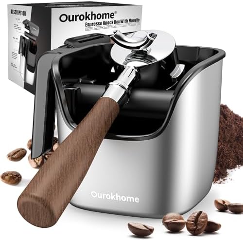 Ourokhome Espresso Knock Box with Lid, Compact Coffee Grounds Container for Home Coffee Bar, Removable Knock Bar, 304 Stainless Steel Exterior, Non-Slip Base & Handle, Easy Clean by Ourokhome