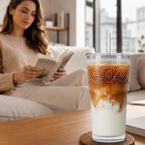KEMORELA 20oz Ribbed&Floral Iced Coffee Cups with Lids, Reusable Glass Cups - Image 3