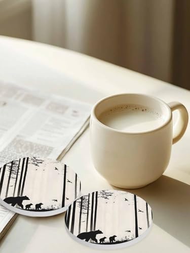 Coasters for Drinks Set of 6 with Holder Abstract Forest Walking Bear Bird Silhouette Natural Scenery Ceramic Cup Mat, Absorbent Ceramic Stone Coasters with Cork Base for Coffee Cups Home Decor 4 Inch - Image 2