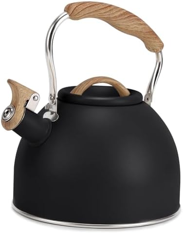 Tea Kettle, Vegoran 100 OZ / 3 Liter Whistling Tea Kettle, Tea Pots for Stove Top Food Grade Stainless Steel with Wood Pattern Folding Handle, Loud Whistle Kettle for Tea, Coffee, Milk (Black) by Vegoran