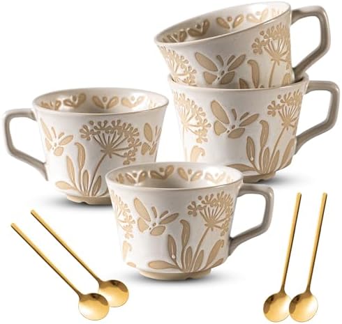 Coffee Mugs Set of 4 with Gold Spoon, 11 oz Porcelain Mug, Ceramic Tea Cups with Handle for Men Women, Hand-painted Mug, Birthday Housewarming Wedding Gift, Dishwasher Microwave Safe by Noevany