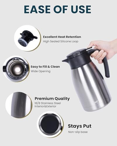 GiNT 51Oz Stainless Steel Thermal Coffee Carafe with Lid/Double Walled Vacuum Thermal Carafe / 12 Hour Heat Retention (Silver, 1.5L) - Image 3