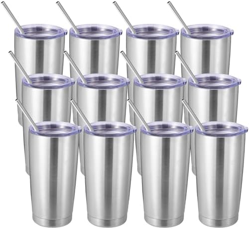 Volhoply 20oz Stainless Steel Tumbler with Lid and Straw Bulk 12 Pack,Double Wall Insulated Travel Iced Coffee Mug Fits Cup Holder,Powder Coated Cups for Hot/Cold Drinks,Christmas Gifts（Silver,12 Set） by LiveFully%EF%BC%8CDrinkFreely%E2%80%94KeepGoingwithVolhoply%EF%BC%81