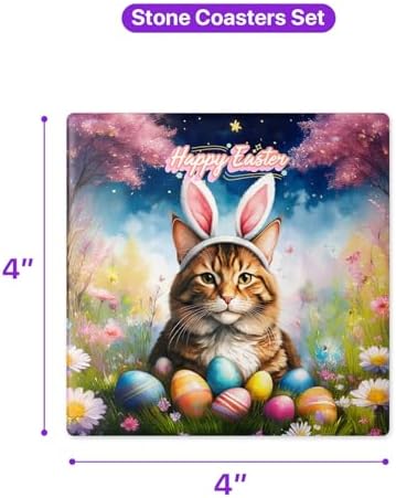Happy Easter Maine Coon with Bunny Ear Headband and Flowers Set of 4 Stone Coasters Cat Lover Kitten Owner Gifts 4x4in Absorbent Soapstone Coaster 13001 - Image 5