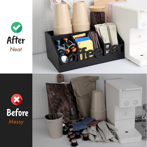 Coffee Bar Organizer Countertop, Wood Tea & Coffee Pod Station Caddy, Black - Image 5