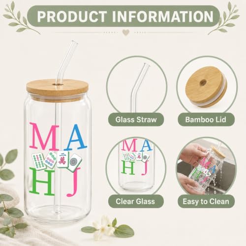 Glass Cups with Lids and Straws, 6Pack, 16oz, Mahjong Game - Image 3