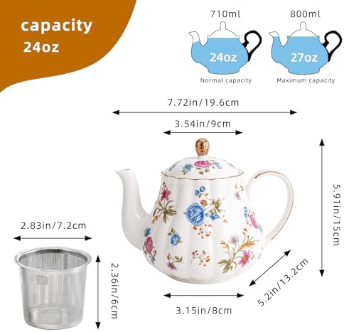 Floral Small Teapot With Infuser，24oz Ceramic Tea Pot for Blooming Loose Leaf Tea, Coffee,Milk (Multicolor Floral) - Image 2