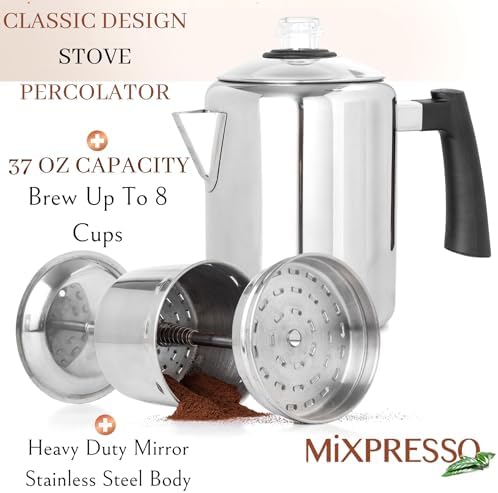 Mixpresso 5-8 Cup Coffee Percolator Stovetop, Stainless Steel Coffee Pot - Image 3
