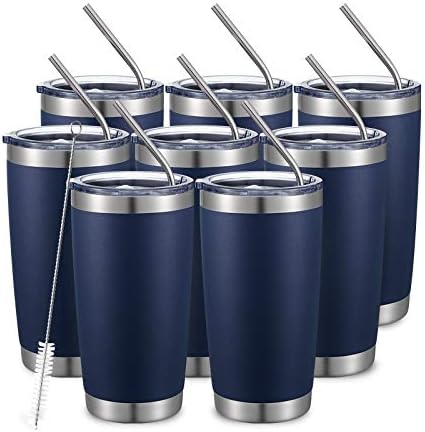 COMOOO 20oz/8Pack Double Wall Vacuum Insulated Coffee Travel Mug Stainless Steel Tumbler Bulk with Lid and Straw Durable Powder Coated Insulated Coffee Cup for Cold & Hot Drinks, Navy, 8 Pack by COMOOO