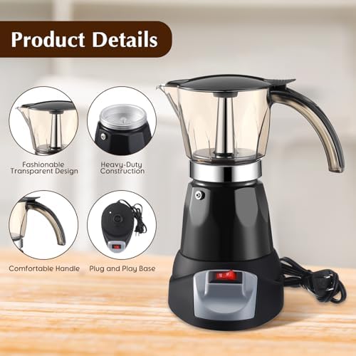 Electric Espresso Coffee Maker, Transparent Moka Pot, Black, 6 Cup - Image 3