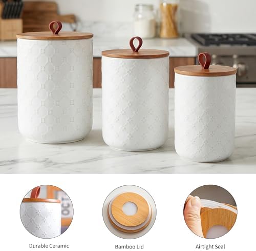 White Ceramic Canisters Set with Airtight Lids, 82/48/30 oz Coffee Canisters Sets for the Kitchen, Large Jars for Flour, Sugar, Pasta, Coffee, Cookies, Tea - Set of 3, Embossed Pattern - Image 6