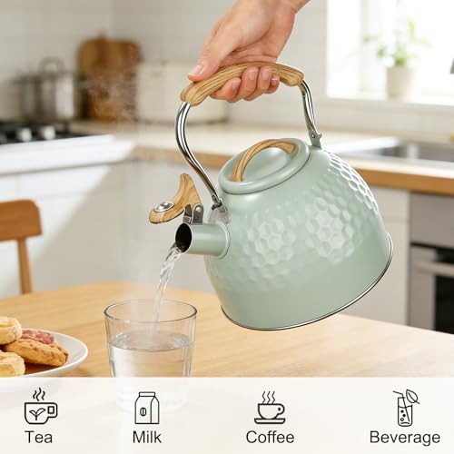 Phyllia Tea Kettle -3.L Whistling Tea Kettle for Stove Top Stainless Steel Tea Pot Stovetop Food Grade Water Kettle with folding Handle for Coffee Tea Milk Hot Water Kettle Pot -Patterned Green - Image 5