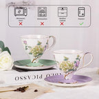 KAMMAK Ceramic Coffee Cups Saucers Set of 2, Porcelain Espresso Cups with Saucers, 8.12 oz Handcrafted Elegant Bone China Tea Cups, Purple Purple & Mint Green Flower Teacup for Party, Office, Gift - Image 6