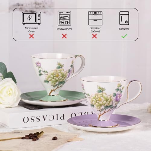 KAMMAK Ceramic Coffee Cups Saucers Set of 2, Porcelain Espresso Cups with Saucers, 8.12 oz Handcrafted Elegant Bone China Tea Cups, Purple Purple & Mint Green Flower Teacup for Party, Office, Gift - Image 6