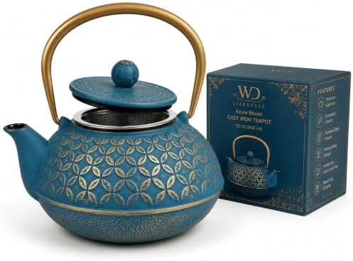 WD Lifestyle Cast Iron Teapot, 20 OZ (600 ml), Azure Blue Japanese Tea Kettle with Stainless Steel Infuser, Enameled Interior, Heavy Duty Cast Iron, Heat Retaining Loose Leaf Tea Pot by WDLifestyle