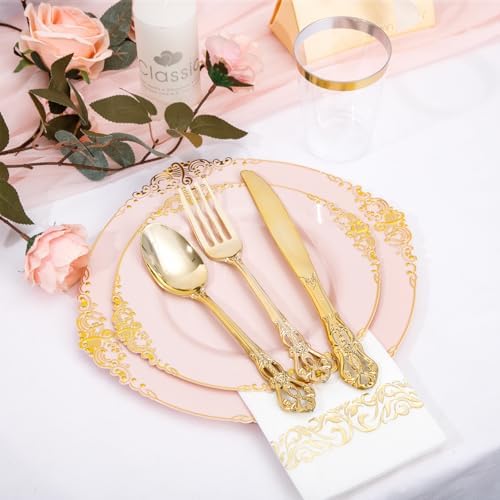 YOUBET 700 PCS Pink and Gold Plastic Dinnerware Set for Wedding Party - Image 5