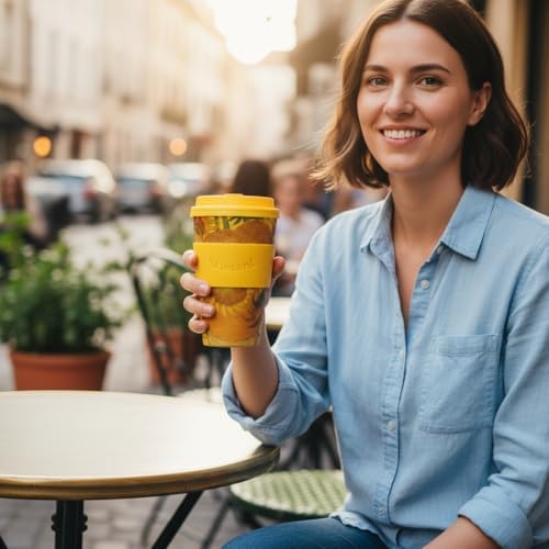 Ecoffee Cup 14oz (400ml) Van Gogh Reusable Coffee Cup – PLA Plant-Based Travel Mug with Silicone Lid, Melamine Free & Dishwasher Safe – Sunflowers - Image 3