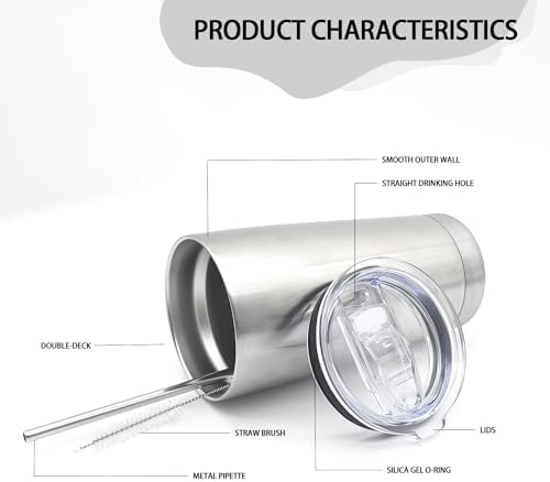 YOUKE OLA 12 Pack Insulated Coffee Tumbler Stainless Steel Double Wall Vacuum Travel Tumbler Cup with Lid and Straw for DIY Gift, Silver 20oz - Image 3