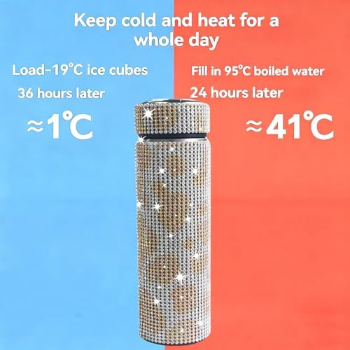 17 oz Bling Stainless Steel Water Bottle Rhinestone Vacuum Water Bottle Glitter Bottles Diamond Vacuum Flask Mug Gift Girls Women (500ml),Cow Champagne Gold - Image 4