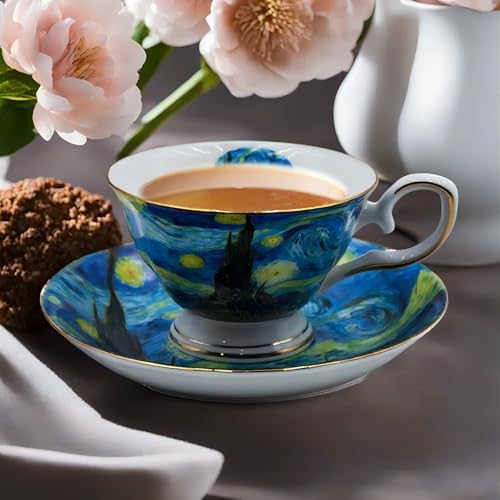 Floral Tea Cups Saucers Set of 2, Bone China 7 oz British Teacups Porcelain Coffee Cup for Rose Tea Cappuccino Espresso Latte (Starry Sky & Wheat Field) - Image 6