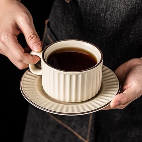 LOWYEPAULHO Cappuccino Cups with Saucers, 8 oz CeramicVertical Stripe Coffee Cup and Saucer set for Au Lait, Double shot, Latte, Cafe Mocha, Set of 4 - Image 2