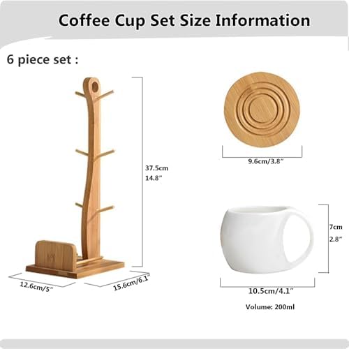 Bamboo Coffee Mug Holder Tree, Ceramic Coffee Cup Shelf Set 6 Piece Creative Cup Stand and Saucer Combination Coffee Mugs Kitchen Shelf Set (5x6.1x14.8) - Image 3
