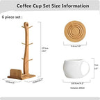 Bamboo Coffee Mug Holder Tree, Ceramic Coffee Cup Shelf Set 6 Piece Creative Cup Stand and Saucer Combination Coffee Mugs Kitchen Shelf Set (5x6.1x14.8) - Image 3