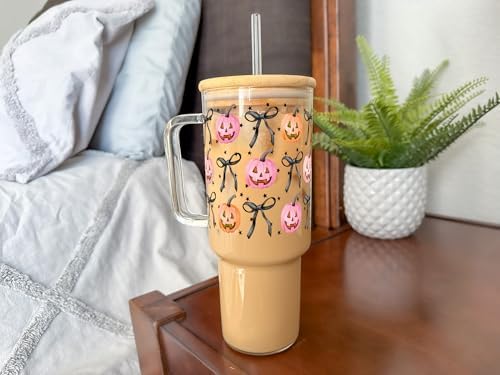 Sip-Sip Hooray! Halloween Coquette Pumpkins 40oz Glass Tumbler with Handle - Image 2