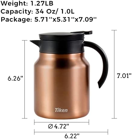 Tiken 34 Oz Thermal Coffee Carafes For Keeping Hot, Double Wall Stainless Steel Insulated Coffee Carafe, 1 Liter Beverage Pitcher (Copper) - Image 2