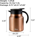 Tiken 34 Oz Thermal Coffee Carafes For Keeping Hot, Double Wall Stainless Steel Insulated Coffee Carafe, 1 Liter Beverage Pitcher (Copper) - Image 2