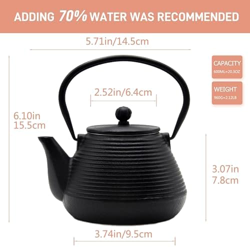 20.3oz Small Cast Iron Teapot, SECHUDO Cast Iron Tea Kettle for Stovetop Safe Coated with Enameled Interior, Cast Iron Tea Pot with Stainless Steel Infuser for Loose Tea (Black Pinstripe Pattern) - Image 6