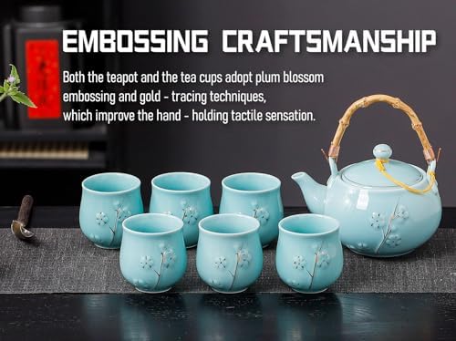 Japanese Tea Set with 1 Teapot(23 oz/660ml), 6 Tea cups(5.3 oz/150ml), 1 Tea Tray, 1 Stainless Infuser, Golden plum blossom relief,Chinese gungFu tea set (Golden plum-Blue) - Image 2