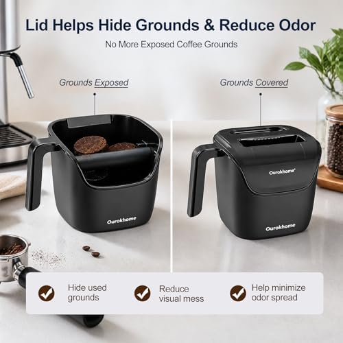 Ourokhome Espresso Knock Box with Lid, Compact Coffee Grounds Container for Home Coffee Bar, Removable Knock Bar, 304 Stainless Steel Exterior, Non-Slip Base & Handle, Easy Clean (Black) - Image 4