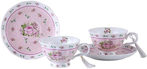 London Boutique Coffee Tea Cups and Saucers Set of 2 Vintage Flora Rose Lavender Porcelain Gift Box (Rose Pink 2pc Set) - Image 3
