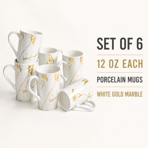White Gold Marble Coffee Mugs Set of 6, 12 oz Porcelain - Image 2
