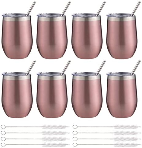 12 oz Insulated Wine Tumbler with Lid and Straw,Stainless Steel Stemless Wine Tumbler Glasses Double Wall Vacuum Wine Cups Tumbler Bulk for Champaign,Cocktail,Office(Rose Gold,8) by FristChoice