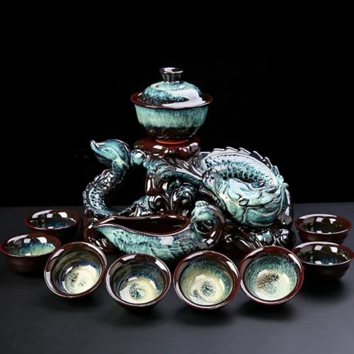 Chinese Gongfu Tea Set - Ceramic Teapot with Infuser, 8 Cups, Semi Automatic Dragon Design for Loose Leaf Tea by Unknown