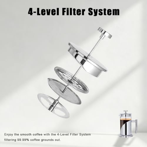 Silver French Press Coffee Maker – 34oz Borosilicate Glass, 4-Level Stainless Steel Filter System (Extra Fine Filtration), Heat & Cold Resistant, Dishwasher Safe – Modern Silver Finish - Image 6