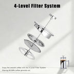Silver French Press Coffee Maker – 34oz Borosilicate Glass, 4-Level Stainless Steel Filter System (Extra Fine Filtration), Heat & Cold Resistant, Dishwasher Safe – Modern Silver Finish - Image 6