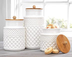 Set of 3 White Canisters Embossed Faceted Ceramic, 3 Round Jars with Bamboo Lid and Rubber Gasket for Kitchen - Food Storage. by MosJos