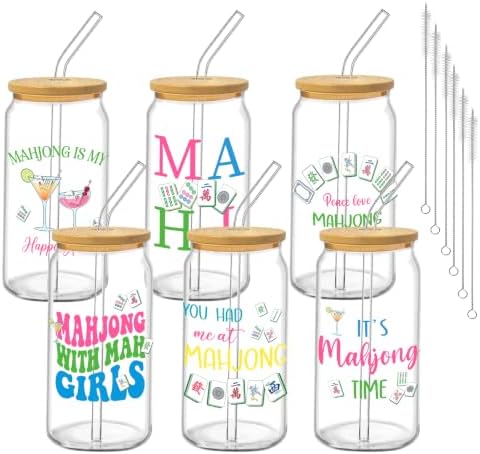 Glass Cups with Lids and Straws, 6Pack, 16oz, Mahjong Game by Culudea