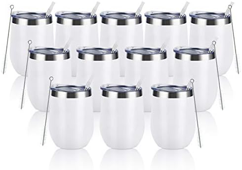12 Pack Stainless Steel Wine Tumblers, 12Oz Double Wall Vacuum Insulated Wine Tumblers with Lids and Straws, Stainless Steel Stemless Wine Glasses for Coffee, Wine, Cocktails, Champaign, White… by Lifecapido